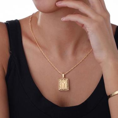 Imagem de Colar com monograma quadrado de ouro 18K A-Z pingente de alfabeto personalizado joia presente para mulheres, F, Aço inoxidável, Sem Pedra Preciosa