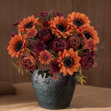 Imagem de Flores artificiais de peônia de outono, girassóis falsos, arranjos florais de outono, buquê de seda para mesa de casa, cozinha, centro de mesa de casamento, decoração de festa de outono
