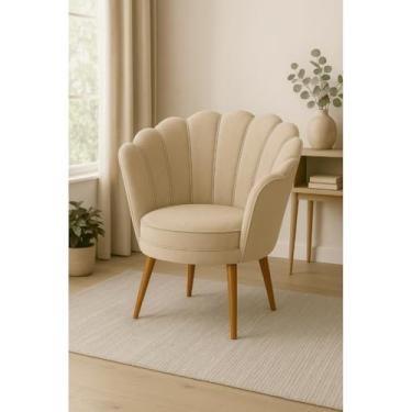 Imagem de Poltrona Decorativa Pétala de Veludo – Poltrona Confortável e Sofisticada com Pés Palito para Sala de Estar e Quarto (Bege)