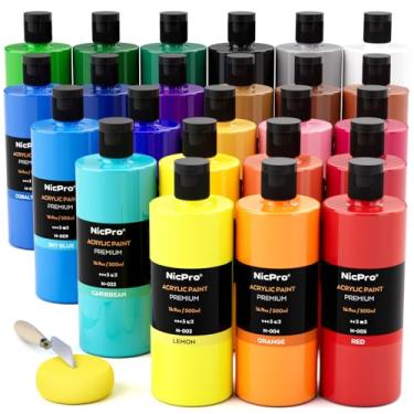 Imagem de Nicpro Conjunto de tintas acrílicas grandes de 24 cores (500 ml), material de pintura de artista não tóxico para telas multisuperfícies, madeira, tecido de couro, rocha, vidro, papel, artesanato, hobby com roda colorida