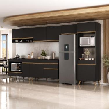 Imagem de Cozinha Modulada Completa 357cm 6 Peças Com Balcão Para Cooktop Veneza Multimóveis Mp2272 Preto Dourado