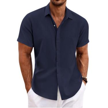 Imagem de Camisa masculina COOFANDY de linho casual de manga curta azul marinho