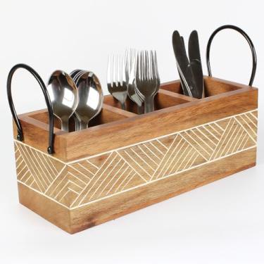 Imagem de Organizador de talheres de madeira de manga feito à mão com alça | Suporte de utensílios de cozinha de madeira com 3 compartimentos, organizador de utensílios de madeira para talheres, guardanapos