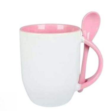 Imagem de XíCara de Café, Caneca para Bebidas Quentes com Colher (Base Curva) 325 ml a Colher Não Cai Da Caneca. (rosa)