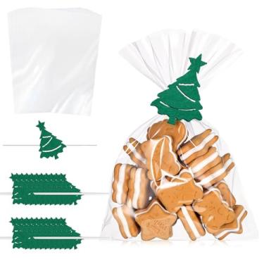 Imagem de Tenceur 25 sacos transparentes de Natal com laços torcidos para árvore de Natal de feltro, 15 x 23 cm, sacos de doces de celofane para festa de Natal, lembrancinhas de bolo, lanches, biscoitos