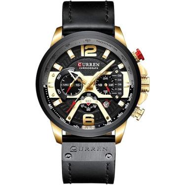 Imagem de Relógio cronógrafo masculino militar multifuncional à prova d'água de quartzo de aço inoxidável, Cronógrafo (Dourado)