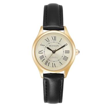 Imagem de Miykon Relógios femininos minimalistas vintage – Relógio analógico feminino pequeno e delicado com pulseira de couro genuíno – quartzo japonês, impermeável até 30 metros, Pulseira preta, caixa dourada