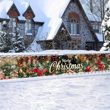 Imagem de HOMETITUTE 299,7 x 50,8 cm Banner Feliz Natal Guirlanda de pinheiro verde arco vermelho casa neve cena design banner pendurado grande cerca ao ar livre varanda decoração de parede cenário de festa de