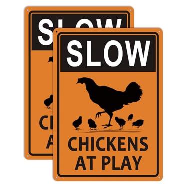 Imagem de Pacote com 2 galinhas lentas em jogo, placa de cruzamento de frango, 25 x 35 cm, metal, resistente, livre de ferrugem, placa de aviso engraçada para galinheiro, quintal, decoração de casa, à prova de