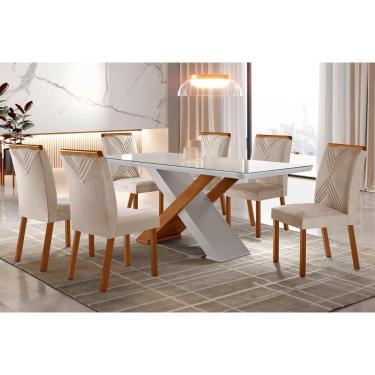 Imagem de Sala De Jantar Completa Imperatriz Tampo Madeirado C- Vidro Curvo 180x90 E 6 Cadeiras Amsterdã Imbuia-veludo Creme-pérola - Rufato