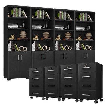 Imagem de Kit 4 Gaveteiros Para Escritório Gávea Com Chave E 4 Livreiros Office Portas Pequenas Preto Fosco - Móveis Leão