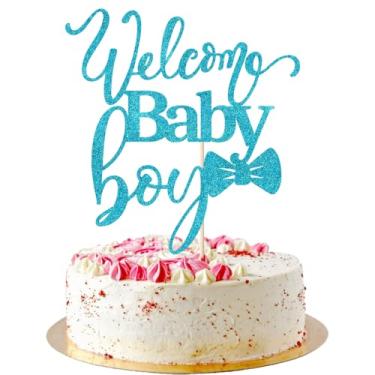 Imagem de AROKIPPRY Welcome Baby Boy Cake Toppers - Chá de bebê, chá de bebê, show de gênero recém-nascido decoração de festa de feliz aniversário azul