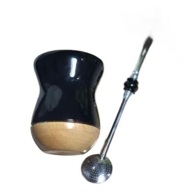 Imagem de TaçAs de Vinho, Copos de Mate,Cuia Chimarrao，Kit Cuia Madeira Bicolor Premium Bomba Inox ，Cuia de ChimarrãO(BB Preta + bomba pedra)