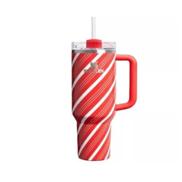 Imagem de STANLEY Copo de aço inoxidável H2.0 FlowState Quencher de 1,134 g, padrão de listras de bengala doce, vermelho e branco, com alça e tampa