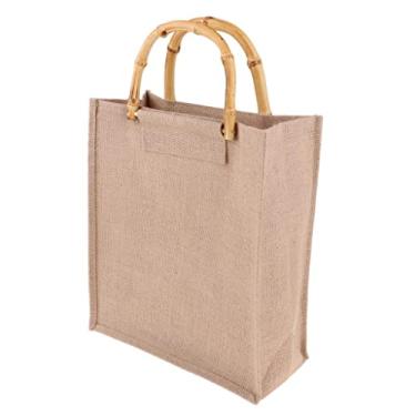 Imagem de Bolsa de mão de linho de serapilheira com alças de bambu - sacola de compras vintage reutilizável para vida sustentável - perfeita para uso diário - Pacote de presente para compradores ecologicamente