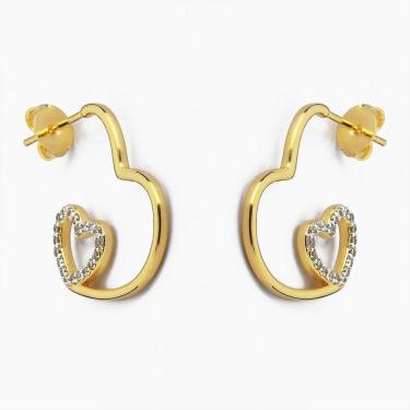 Imagem de Brinco De Argola Com Coração Cravejado Com Zircônias Banhado A Ouro 18k