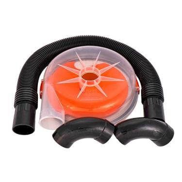 Imagem de Dustopper PRO, coletor de poeira de baixo perfil para aspiradores úmidos/secos de loja. Inclui cotovelos de varredura de alto fluxo de 90 graus e mangueira de conexão. Serve em baldes padrão de 15 litros, fabricado nos EUA