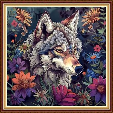 Imagem de DMCVIVR Kits de ponto cruz estampado para adultos iniciantes kits de bordado 11CT kits de ponto cruz padrões de bordado - flor lobo rei 45,7 x 45,7 cm