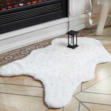 Imagem de ThreadGlobe Tapete fofo de pele de coelho sintética de 6 cm x 7 cm, ultra macio e antiderrapante, tapetes pequenos para quarto, sala de estar, berçário, tapete lavável à máquina, branco, 5 x 8 m