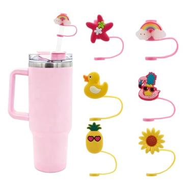 Imagem de Bchjatk 6 peças de capas de palha com estampa de praia Stanley 30 e 1,134 g, tampas de silicone macio de 10 mm, topos de canudo reutilizáveis à prova de poeira, decorações divertidas de copo