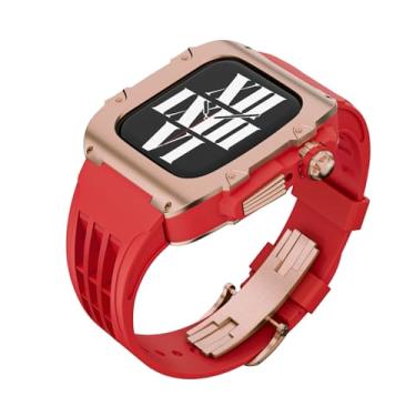 Imagem de Capa robusta de luxo com pulseira compatível com Apple Watch séries 9 8 7 45 mm/SE 44 mm, capa protetora militar de liga metálica, proteção tática de corpo inteiro resistente para homens iWatch (ouro