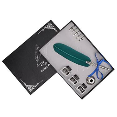 Imagem de Conjunto de caneta de imersão de pena de pena retrô vintage com 5 pontas de metal substituíveis Caneta de escrita de caligrafia antiga e elegante para artistas escritores (Verde)