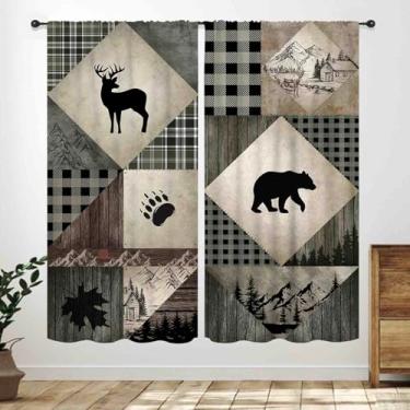 Imagem de Cortinas de cozinha retrô para cabine, chalé rústico, floresta, urso, veado, alce, animais selvagens, retrô, estilo country, cortinas de janela verde, tratamento para sala de estar, quarto, 2 painéis