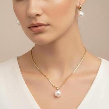 Imagem de Conjunto Colar Feminino Dourado Com Brincos Brilhante Pérola-Feminino