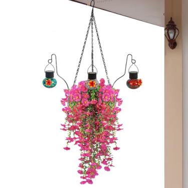 Imagem de Flores falsas por fora | Flores falsas externas coloridas com alimentador de pássaros - Plantas artificiais para quintal, pássaros, primavera, outono, porta da frente, deck de parede, varanda, gazebo