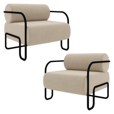 Imagem de Poltrona Decorativa Para Sala Industrial Kit 2 Kira Z08 Veludo Bege - Mpozenato