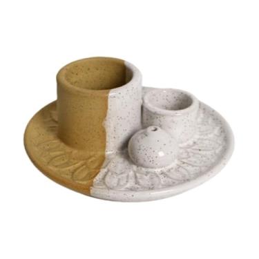 Imagem de Suporte de incenso de cerâmica de dois tons com detalhes florais, multifuncional para incensos, cones e velas