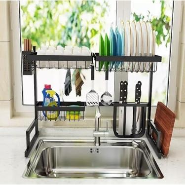 Imagem de Escorredor de Louças Suspenso Preto, Aço Inoxidável, Autossustentável, 64x37x9cm, Modular com Porta Talheres, Pratos, Detergente e Tábua para Cozinha