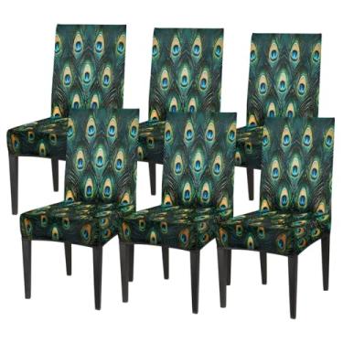 Imagem de Conjunto de 6 capas elásticas para cadeira de sala de jantar, capa protetora de assento de cadeira, pena de pavão, verde, vintage, removível, lavável, para cozinha, casa, hotel, banquete, festa de