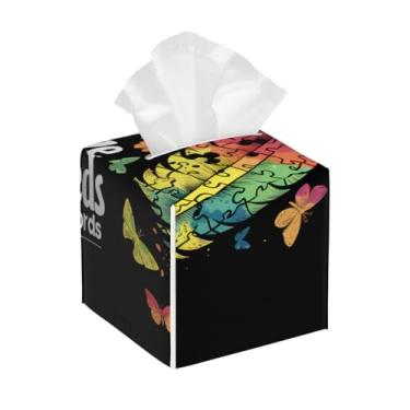 Imagem de Capa quadrada de couro para caixa de lenços de papel, à prova d'água, cor de autismo, penas, organizador de papel facial com cinto inferior, estojo de lenços para mesa, banheiro, escritório, mesa