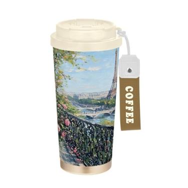 Imagem de SEHANY Caneca de viagem Torre de Paris em aquarela de 500 ml Copos de café reutilizáveis revestidos de cerâmica com tampa à prova de vazamento, parede dupla, isolamento a vácuo, copo de café de aço