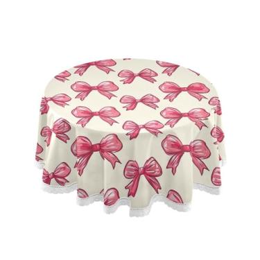 Imagem de SEHANY Toalha de mesa redonda com laço rosa de 152 cm, tecido lavável sem rugas, toalha de mesa decorativa de renda para restaurante, casamento, acampamento, festa de cinco de maio