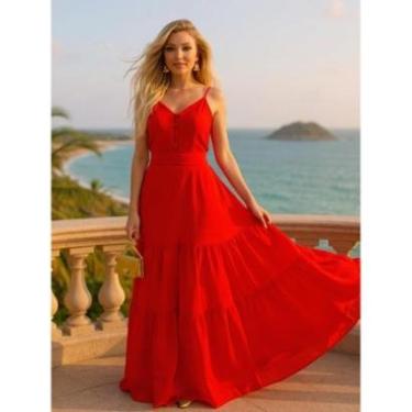 Imagem de Vestido feminino longo sem mangas Com Cinto Alças finas Plissado Saia rodada 3 marias Convidada-Feminino