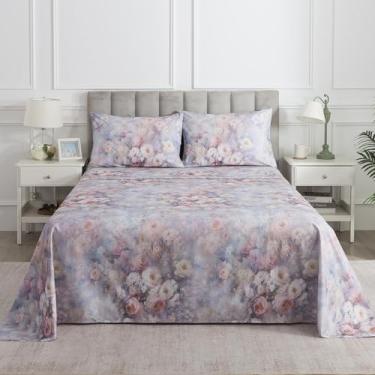 Imagem de Puralens Jogo de lençóis de percal floral vintage, Queen, 100% algodão, chique, macio, com flores roxas, roupa de cama aconchegante, lençol com elástico alto, estampa rosa branca e rosa, 4 peças