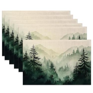 Imagem de Jogo americano de mesa de montanha nebulosa, conjunto de 6, jogo americano antiderrapante de tecido floresta verde aquarela para sala de jantar, cozinha, festa, férias, tapetes de mesa de pano para