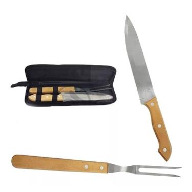 Imagem de Kit Churrasco Garfo e Faca Cabo De Madeira para Corte Carne Churras - 2 Peças com Estojo de Nylon - PANAMI