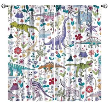 Imagem de Mchenxin Cortinas de desenho animado de dinossauro para quarto de crianças, animais da selva tropical, dinossauro, flores silvestres, estampa de plantas e tratamentos para janela para quarto de