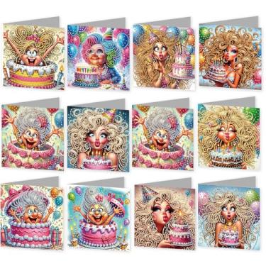 Imagem de C'eitura 12 peças DIY bolo de aniversário senhora pintura arte cartões comemorativos com envelopes, kits de cartões DIY feitos à mão para aniversário, ano novo, festa de feriado, desejos diários
