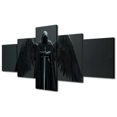 Imagem de TUMOVO Arte de parede de fantasia anjo caído com espada e asas pintura de parede em tela decoração de quarto 5 painéis de arte para paredes de casa imagens escuras decoração de casa para sala de estar