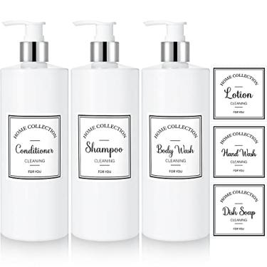 Imagem de Conjunto de 3 frascos bomba de 473 ml, frasco de xampu e condicionador, dispensador de sabonete de plástico recarregável com 6 etiquetas adesivas para massagem corporal de loção (prata e branco)