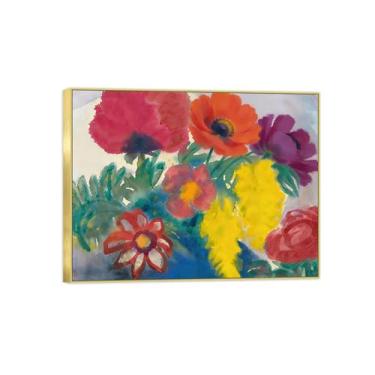 Imagem de Pintura de arte de parede de flores - imagem de decoração vintage - flores coloridas - impressões em tela moldura dourada para sala de estar 50 x 65 cm 20 x 26 pol
