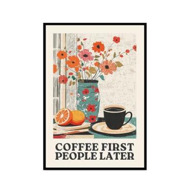 Imagem de Coffee First People Later Poster Retro Coffee Wall Art Trendy Flower Print Minimalista Vintage Floral Para Sala de Jantar Cozinha Decoração de Parede (SKU1,40.6x61.0 cm = (40x60 cm), Moldura preta)