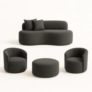 Imagem de Conjunto 02 Poltronas + Sofá e Puff Curvo Orgânico Nature Gaia Boucle Cinza Escuro - Montanaris Decor