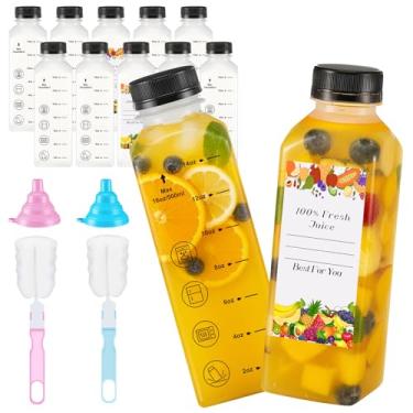 Imagem de LemonRoad 12 garrafas de suco de 473 ml com tampas, marcações de medição, garrafas de plástico reutilizáveis com tampas, recipientes de bebidas transparentes a granel para suco de smoothie com 12