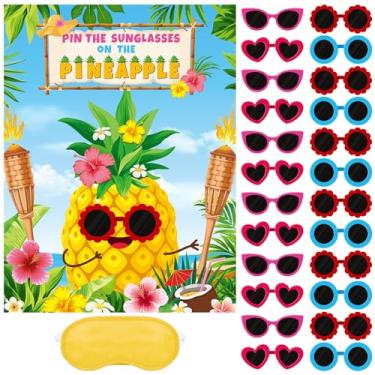 Imagem de Faccito Jogo de festa havaiano Luau Games Summer Tropical Pin the Sunglasses on Pineapple Pin the Coconut on Palm Tree com 24 peças adesivos para Tiki Summer Beach Havaí Luau Party Supplies (abacaxi)