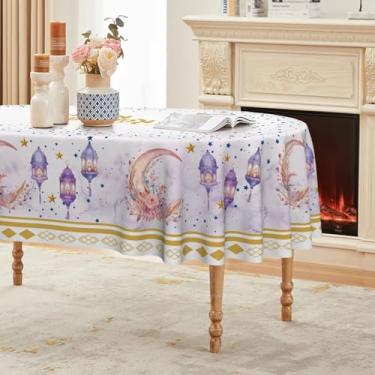 Imagem de Horaldaily Toalha de mesa Ramadã 152 × 213 cm, oval, rosa e dourada, estrela da lua Eid Mubarak, toalha de mesa lavável do Ramadã Mubarak para decoração de festa e jantar